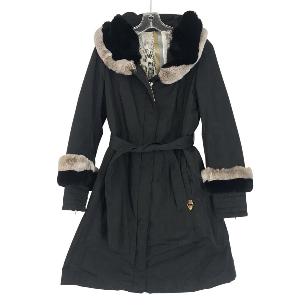 Martylo Coat Jacket Womens‎ Size 6 US 40 Real Fur Trim Tie Waist Black Ladies